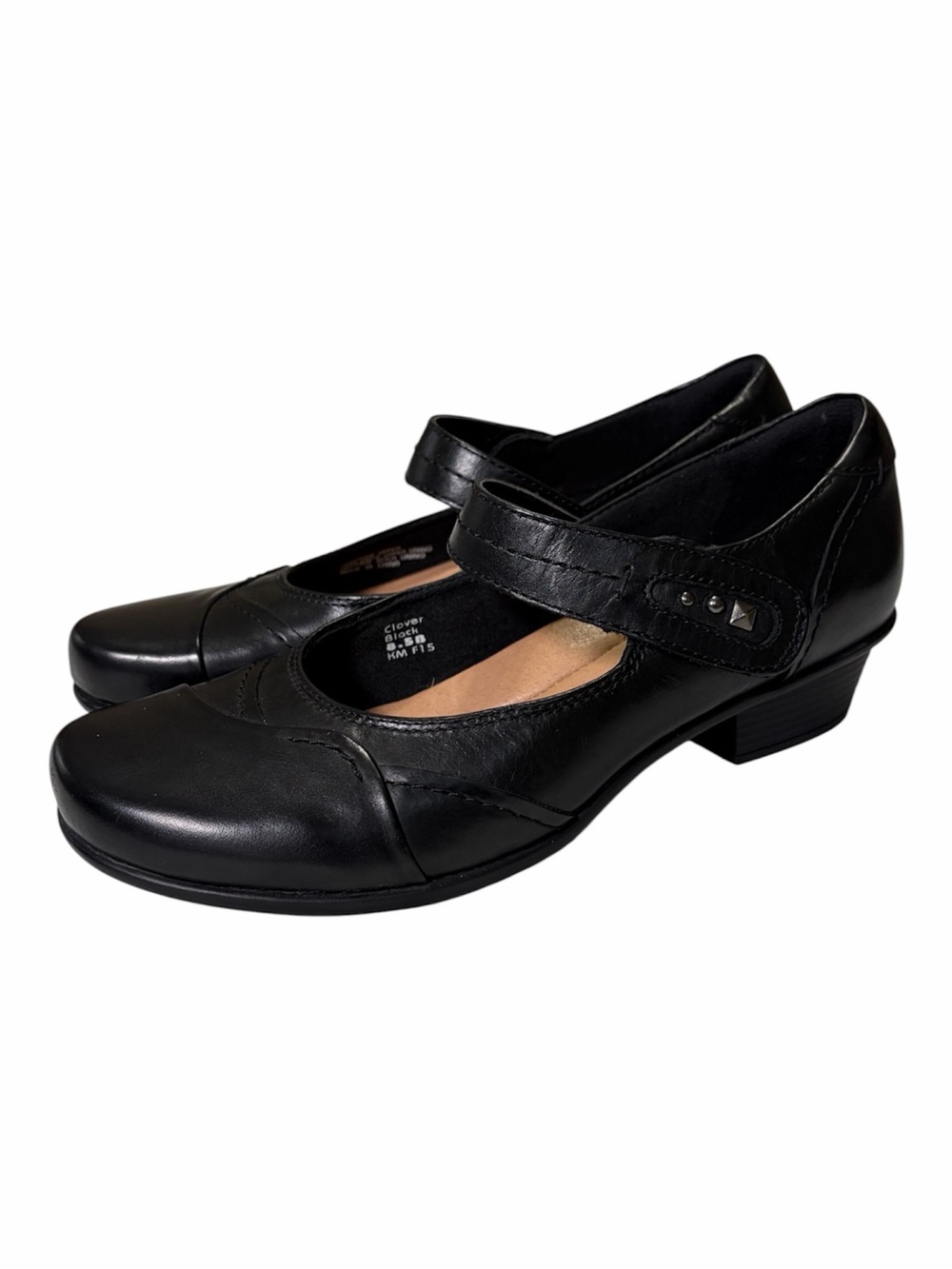 Earth Black Leather Mary Jane Low Block Heel Studded Strap 8.5